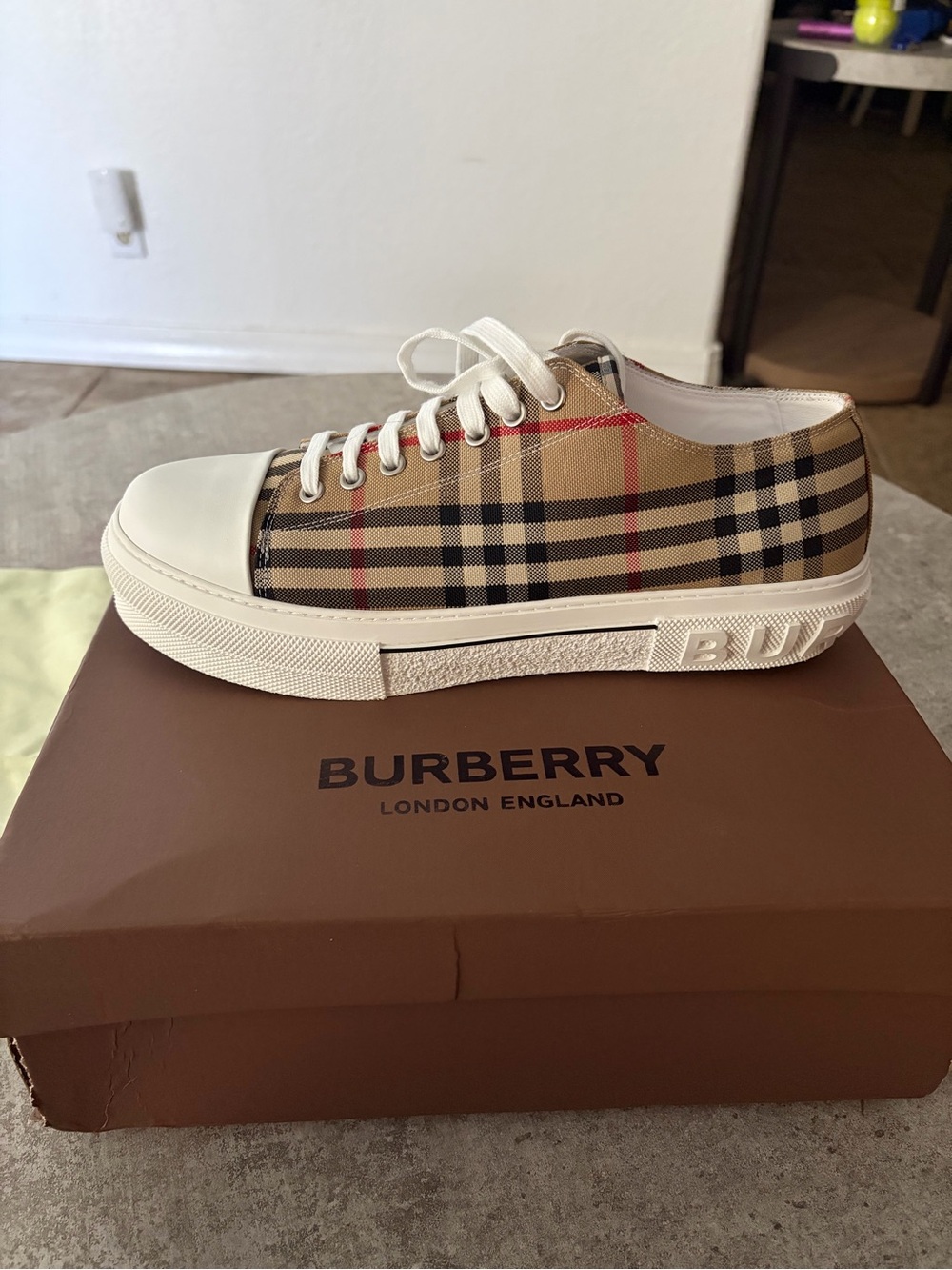 Burberry Beige Check Low-Top Sneaker with White Trim